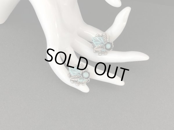 画像3: フラワー リーフモチーフ ターコイズ シルバー イヤリング USA ヴィンテージ コスチュームジュエリー (3)