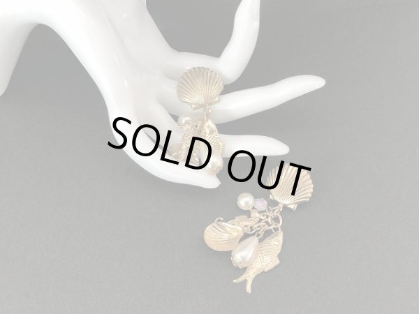 画像4: ゴールドトーン シェル お魚 タツノオトシゴ パール 揺れる ピアス USA (4)