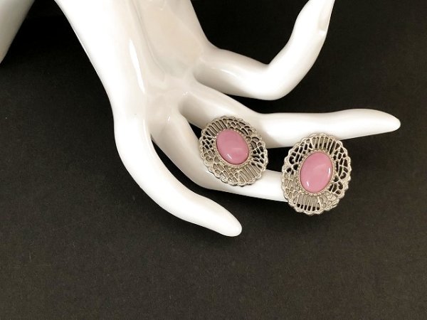 画像3: シルバートーン ピンクカラーカボション イヤリング USA (3)